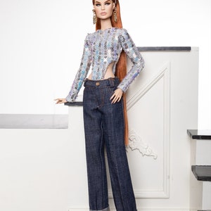 long-sleeved silver sequined shirt and jeans for fashion royalty , Poppy Parker, Silkstone Barbie, fr2 , 12'' Fashion Doll image 5