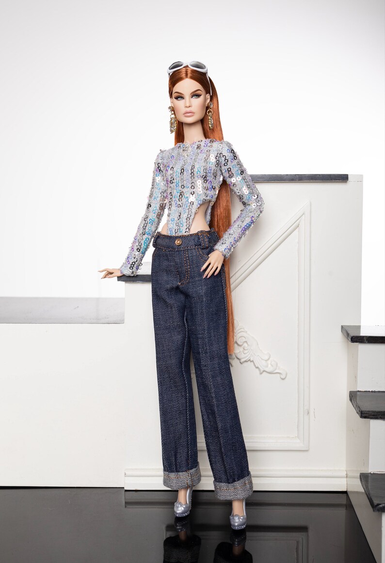 long-sleeved silver sequined shirt and jeans for fashion royalty , Poppy Parker, Silkstone Barbie, fr2 , 12'' Fashion Doll image 5