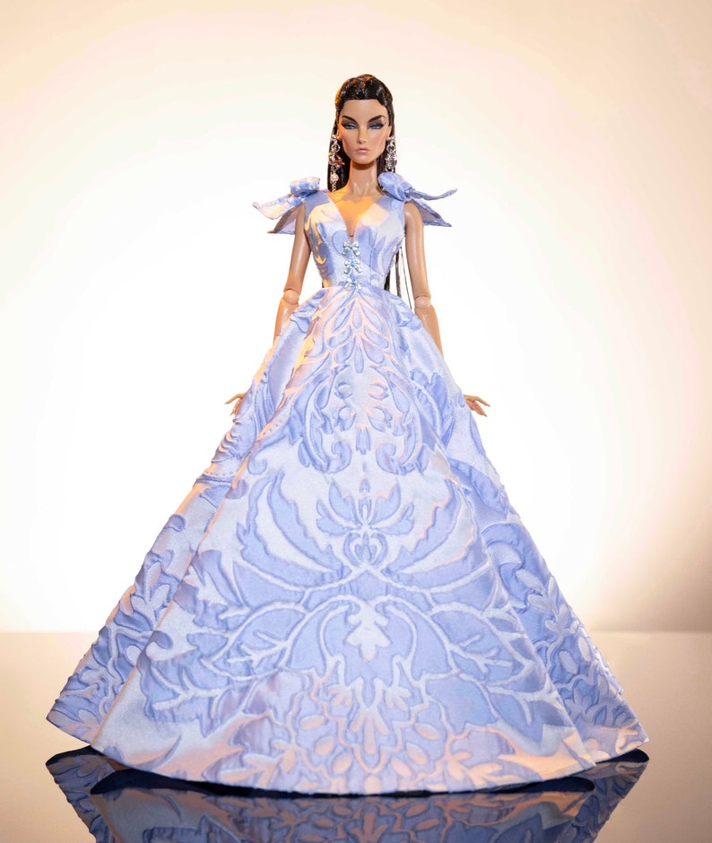 sky blue brocade dress for fashion royalty , Poppy Parker, Silkstone Barbie, fr6 , 12'' Fashion Doll by Rimdoll image 3