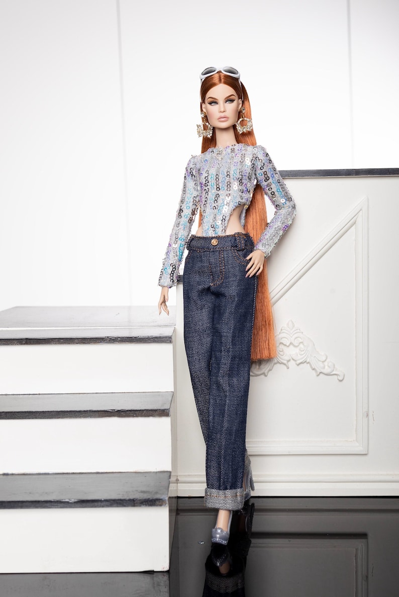 long-sleeved silver sequined shirt and jeans for fashion royalty , Poppy Parker, Silkstone Barbie, fr2 , 12'' Fashion Doll image 1