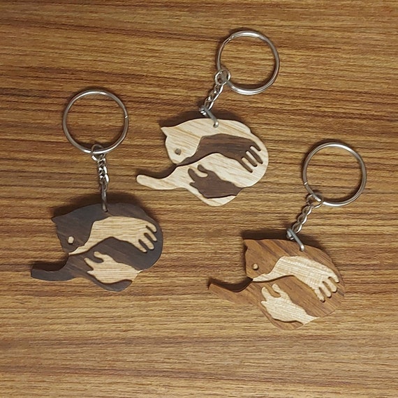 Handmade Two-Tone Wooden Cat Keyring: Cuddling Cat Lover Gift