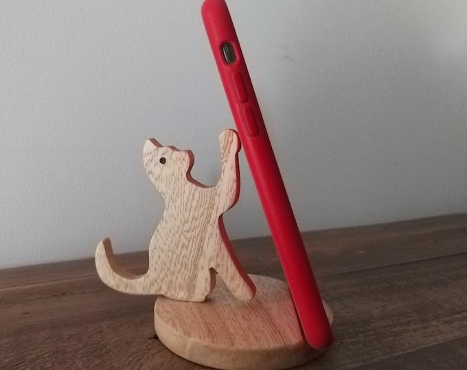 Cat Phone Stand, Wooden Mobile Phone Stand, Handmade Cell Phone Holder