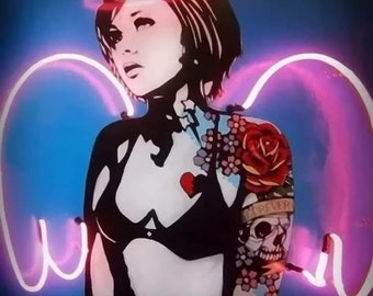 Neon Wall Light Art Stunning Rock Chick Tattooed Angel Neon Wall Art Sign Light up Illuminated Mains