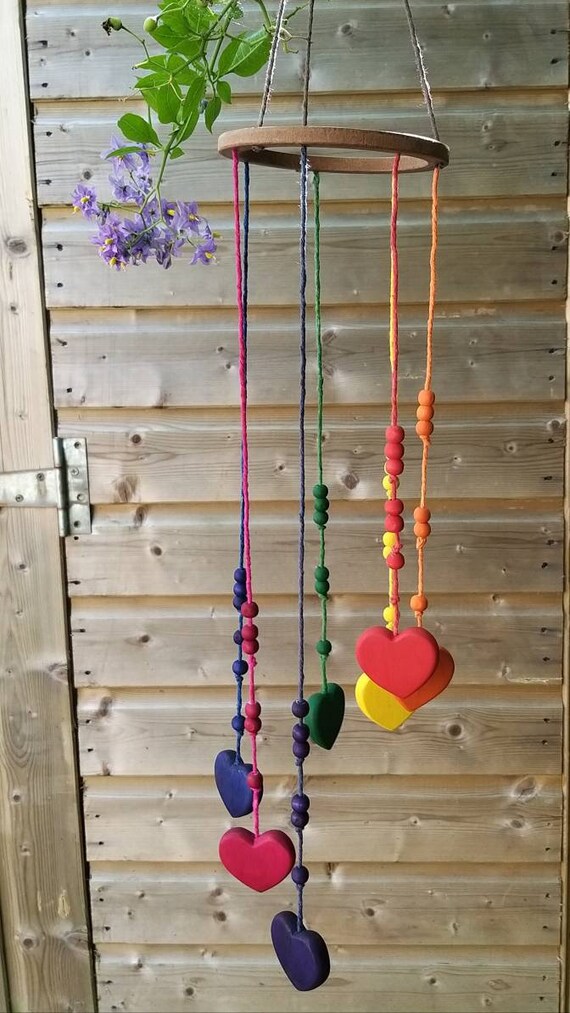 Handmade Wooden Hanging Hearts Rainbow Mobile Art kids bedroom 