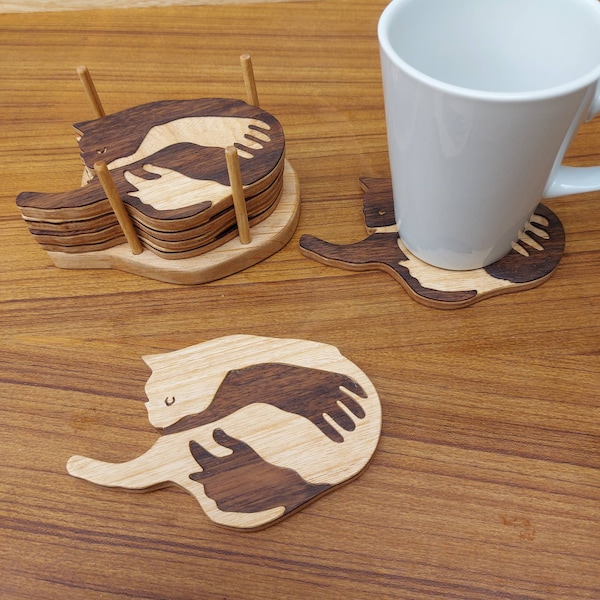 Cat Coasters Single or with stand - Cuddling Cat - Animal Lovers Gift - Home Giftware for Cat Lovers