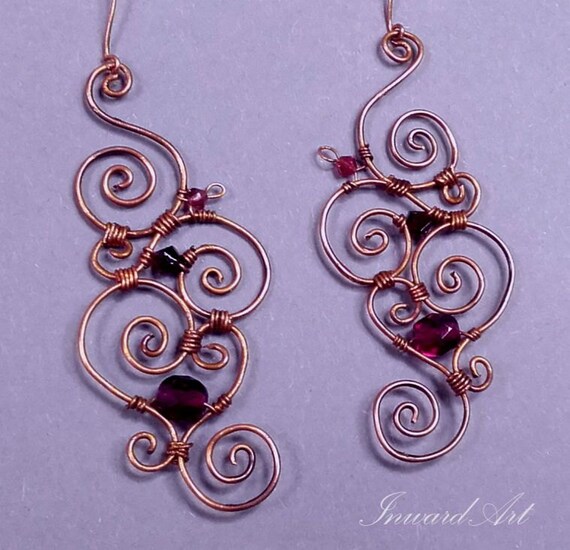 Items similar to Wire wrapped copper earrings, unique artistic jewelry