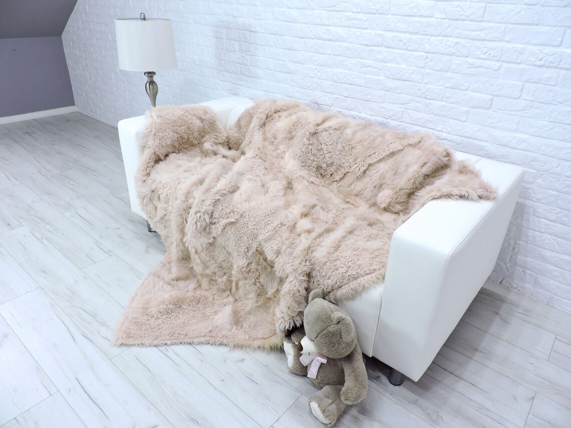 Real fur throw large fur blanket patchwork fur beige and Etsy
