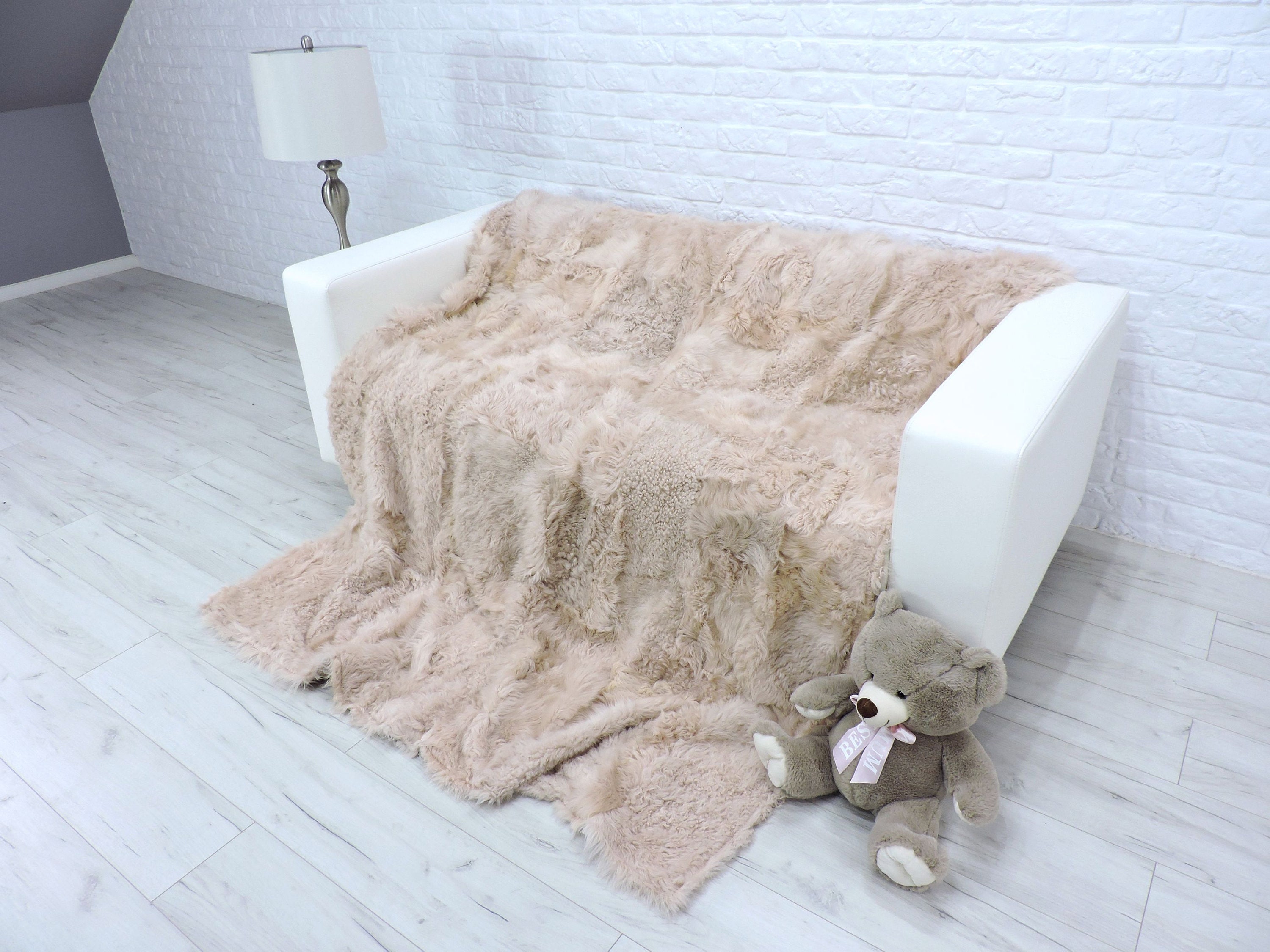 Real fur throw large fur blanket patchwork fur beige and Etsy