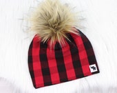 Red and Black Buffalo Plaid Pom Beanie Lumberjack Baby Beanie Fall Baby Beanie Pom Pom Beanie Faux Fur Pom Beanie Pom Pom Hat