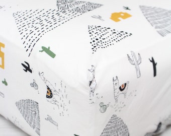 Llama and Cactus Crib Sheet // Modern Crib Sheet // Alpaca Crib Sheet // Cactus Nursery Bedding // Desert Nursery Bedding // Alpaca Bedding