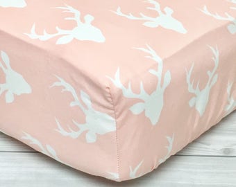 Pink Deer Crib Sheet // Woodland Crib Sheet // Girl Woodland Nursery Bedding // Deer Baby Bedding // Pink Woodland Bedding / Girl Crib Sheet