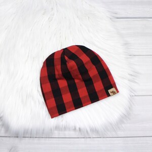 Red and Black Buffalo Plaid Pom Beanie // Lumberjack Baby Beanie // Fall Baby Beanie // Pom Pom Beanie // Faux Fur Pom Beanie // Pom Pom Hat No Pom