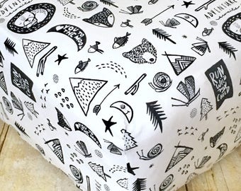 Adventure Awaits Crib Sheet // Woodland Crib Sheets // Toddler Crib Sheets // Black and White Crib Sheets // Modern Nursery Bedding