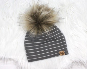 Gray Stripe Pom Beanie // Neutral Baby Beanie // Baby Beanie // Toddler Beanie // Newborn Beanie // Fall Beanie // Faux Fur Pom Pom Beanie