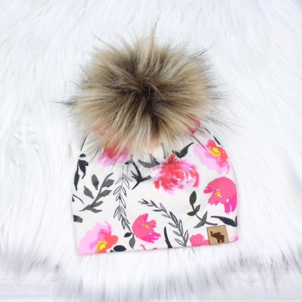 Pink Peonies Pom Beanie // Pink Floral Beanie // Baby Girl Beanie // Toddler Beanie // Newborn Beanie // Fall Beanie // Winter Cold Weather