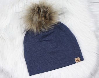 Dark Denim Blue Pom Beanie // Blue Baby Beanie // Baby Beanie // Toddler Beanie // Newborn Beanie // Fall Beanie // Faux Fur Pom Pom Beanie