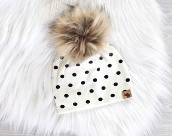 Polka Dot Pom Beanie // Pom Pom Beanie // Monochrome Baby Beanie // Toddler Beanie // Newborn Beanie //  Striped Pom Beanie