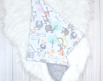 Farm Animals Lovey Blanket // Neutral Baby Lovies // Security Blanket // Comfort Blanket // Small Baby Blanket // Minky Blanket //