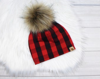 Red and Black Buffalo Plaid Pom Beanie // Lumberjack Baby Beanie // Fall Baby Beanie // Pom Pom Beanie // Faux Fur Pom Beanie // Pom Pom Hat