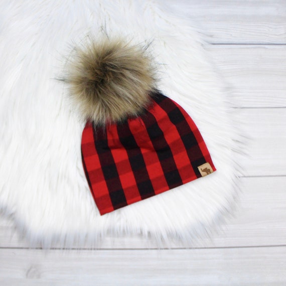 Red and Black Buffalo Plaid Pom Beanie 