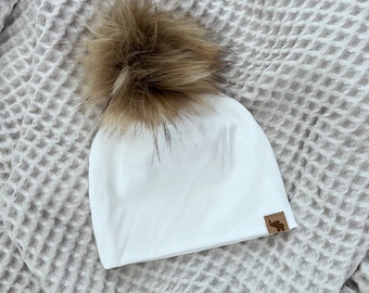 Snow Pom Beanie // Bright White Beanie // Neutral Baby Beanie // Toddler Beanie // Newborn Beanie // Fall Beanie // Winter Cold Weather Hat