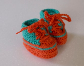 Baby Crochet High Top Shoe Bootie, Orange and Aqua, 0-3 Months