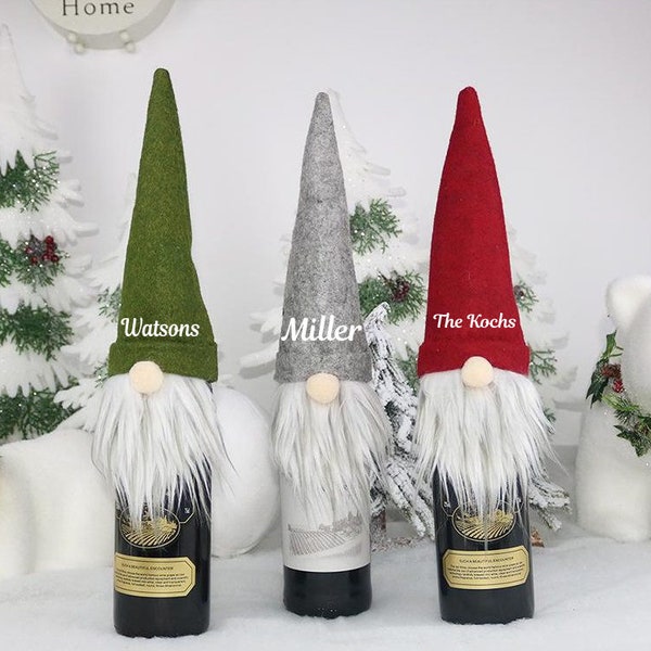 Personalized Gnome Wine Bottle Topper perfect for your Christmas Decor or a great gift.