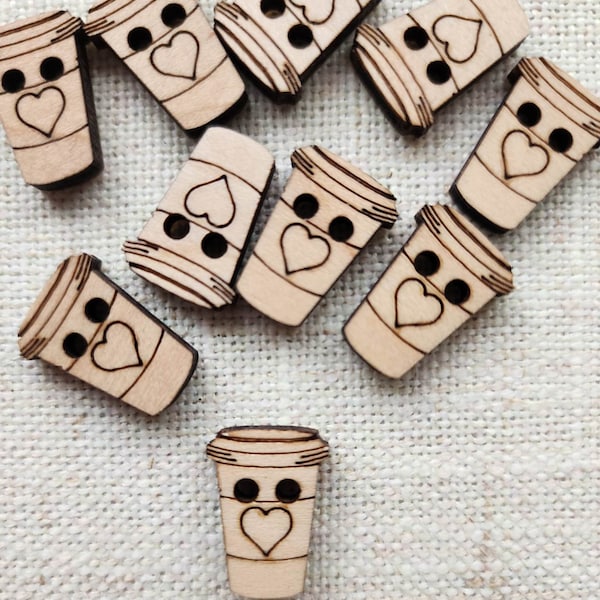 Coffee Cup Buttons, Maple Wood Laser Cut 1 inch buttons, Ideal for your Crochet or Knit Projects