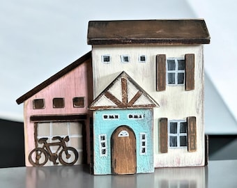 Handcrafted Miniature Reclaimed Wood House: Rustic Tiered Tray Decor