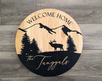 Personalized round wood sign mountain design, last name sign, welcome home wooden round family name sign, personalized log cabin decor