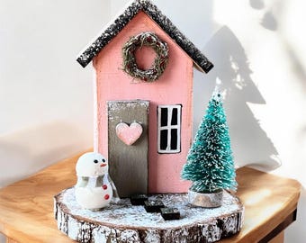 Reclaimed Wood Miniature Christmas House: Rustic Holiday Decor