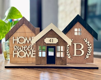 Standing Houses 3D centerpiece, Personalized home warming real estate gifts, mantle/shelf decor, standing 3D wood sign, mini 3D houses