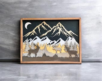 3D Layered Mountain Wall Art, Rustic Landscape Wood Sign, Nature Inspired Home Decor