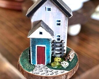 Handmade Reclaimed Wood Miniature House, Rustic Tiered Tray Decor