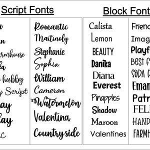 May include: A black and white font reference chart featuring two distinct sections labeled Script Fonts and Block Fonts. The chart displays various text styles including Angela, Hillyan, Curvy farmhouse, Mariska, Family hubby, Dearly Script, Holiday, Sunday, Lilac, Romantic, Martinoly, Stephanie, Sophia, William, Cameron, Watermelon, Valentina, Countryside, Calista, Lemon, BEAUTY, Danika, Diana, Everest, Pinapples, Shadow, Maroon, Valentines, Friendly, Imagine, Playful, BEST FRIEND, SODA POP, Emanuel, Patrick, FELIX, HANDMADE, and FARMHOUSE.