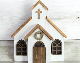 Reclaimed Wood Miniature Church, Rustic Farmhouse Christmas or Easter Decor