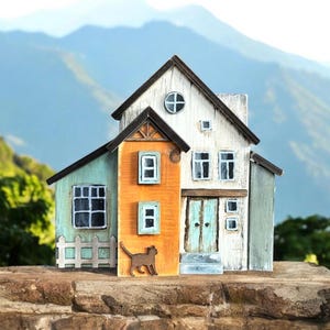 Handcrafted Miniature Reclaimed Wood House: Rustic Tiered Tray Decor