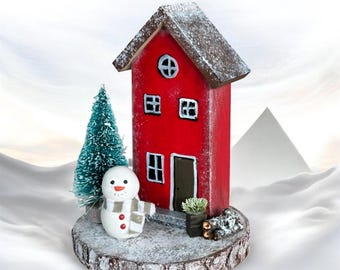 Miniature wooden house Christmas Village, holiday decoration, Reclaimed wood art