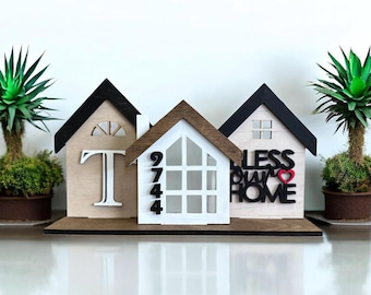 Personalized Standing Wooden House, Custom 3D House Wood Sign, Bless This Home Mantle Decor, Personalized Gifts