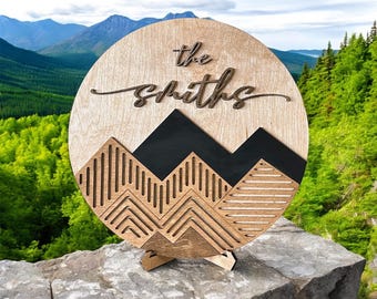 Personalized Family Name Sign, 3D Mountain Wood Wall Art, Rustic Cabin Decor Housewarming Gift, Geometric Birch Plywood Wall Hanging