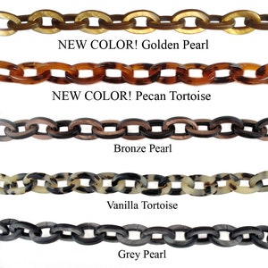 May include: Five different colors of plastic chain links. The colors are golden pearl, pecan tortoise, bronze pearl, vanilla tortoise, and grey pearl.