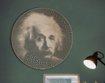 Albert Einstein - Cell Portrait in laser-cut oak plywood, Diameter: 55cm / 22", Parametric Wall Ornament
