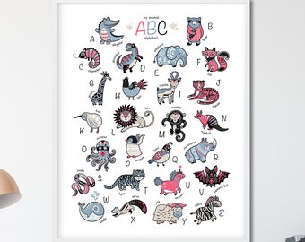 Animal Alphabet, Scandinavian Nursery Print, Alphabet Nursery Print, Nursery Prints, ABC Nursery Printable, Animal Letters, Alphabet Print