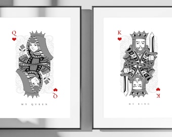 KING and QUEEN Playing Card Prints, Couples Print, His and Hers Printables, Bedroom Prints, Set of 2 Prints, Queen of Hearts, King of Hearts