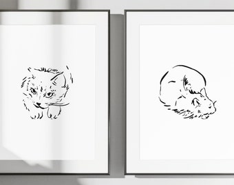 Cat Print, Cat Illustration, Set of 2 Hand-Drawn Cat Prints, Minimalist Cat Print, Cat Printable Art, Cat Lover Gift, Cute Cat Illustration