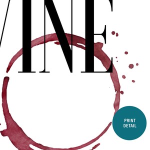 May include: A graphic design with the word "WINE" in black text with a red wine stain in the shape of a circle behind the word.