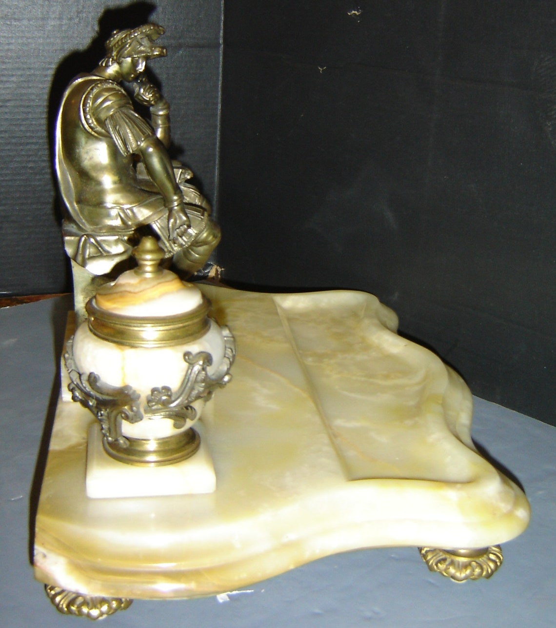 Antique Huge 19th Century Onyx & Bronze Inkwell  With A Bronze image 8