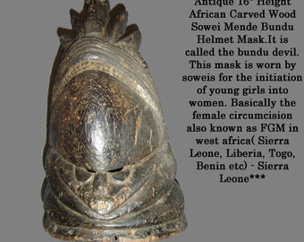 Superb!!! Antique African Carved Wood Sowei Mende Bundu Devil Helmet Mask Sierra Leone.