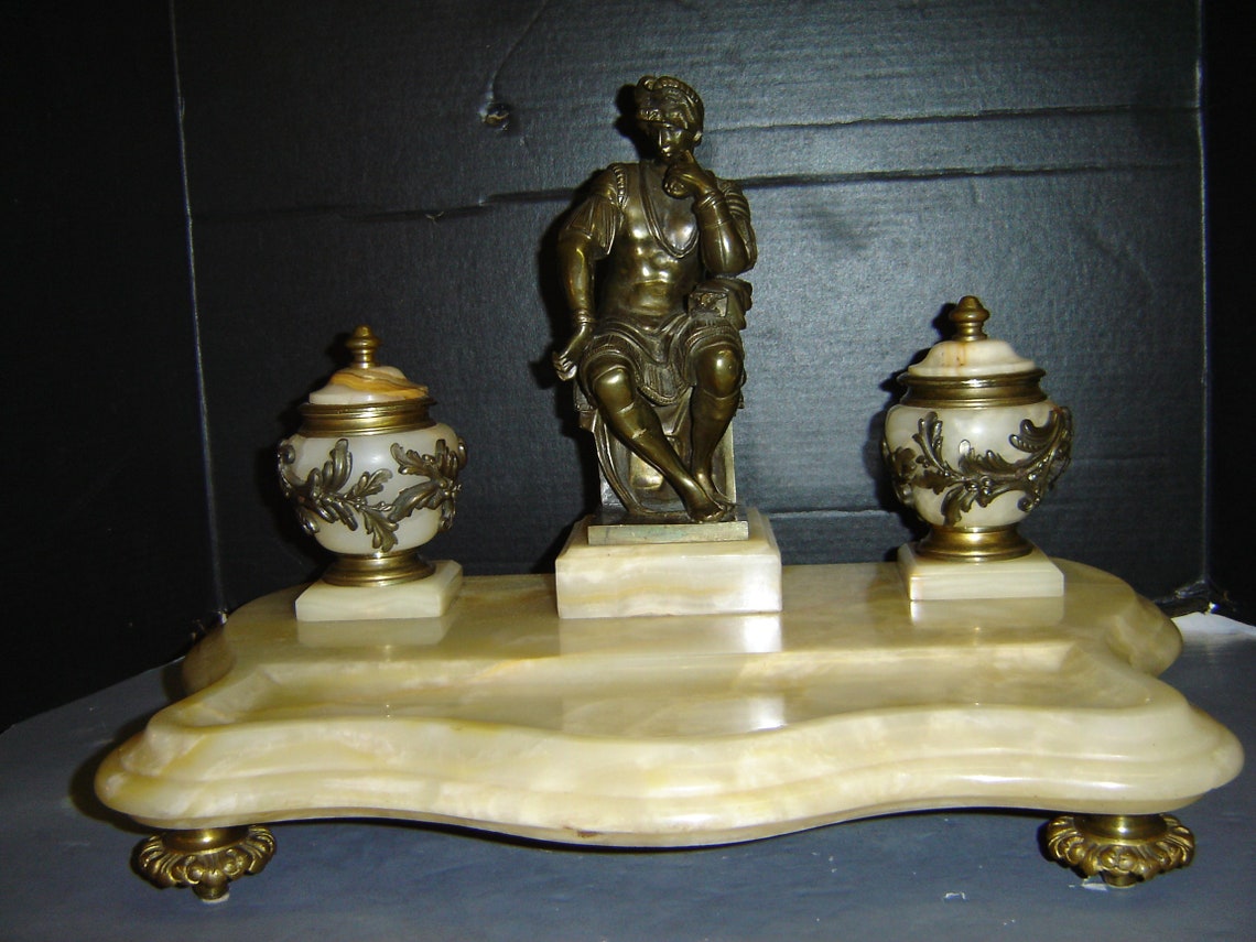 Antique Huge 19th Century Onyx & Bronze Inkwell  With A Bronze image 0