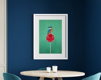 Bird lollipop painting, original animal painting, green red painting, handmade oil on canvas, 40x60cm